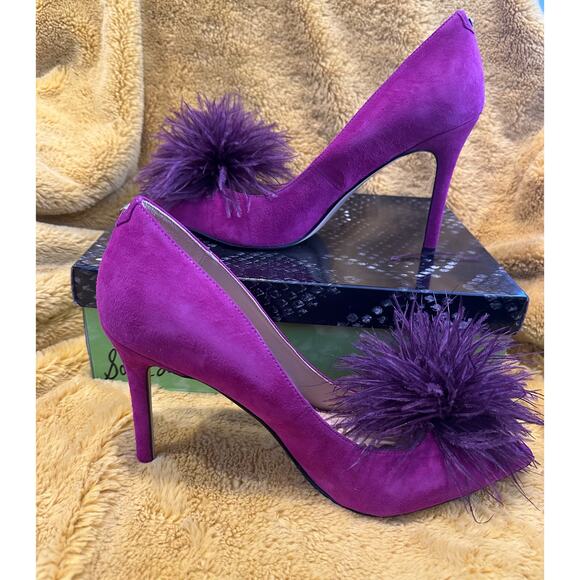Sam Edelman Haide Fuchsia Feather Suede Leather Pom Pom Stiletto Pumps Heels 10M - Picture 3 of 12